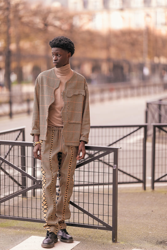 Brown plaid oversized jacket and straight cut pant set